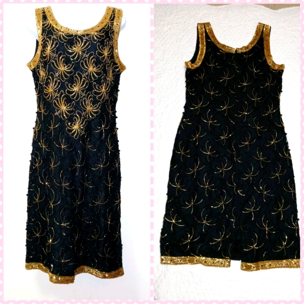 NIGHT DRESS SLEEVELESS ROUND NECK EMBELLISHED BEADED GOLD/BLACK LINED MEDIUM